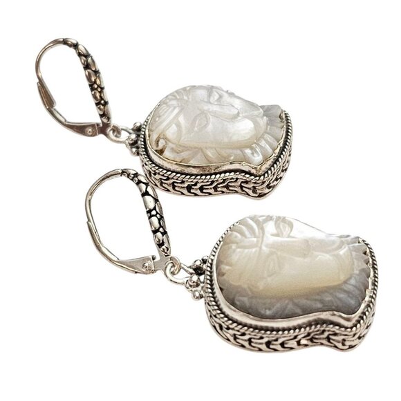 Sarda Sterling Silver Mother-of-Pearl Carved Lion Lever Back Earrings, Signed - Picture 5 of 10